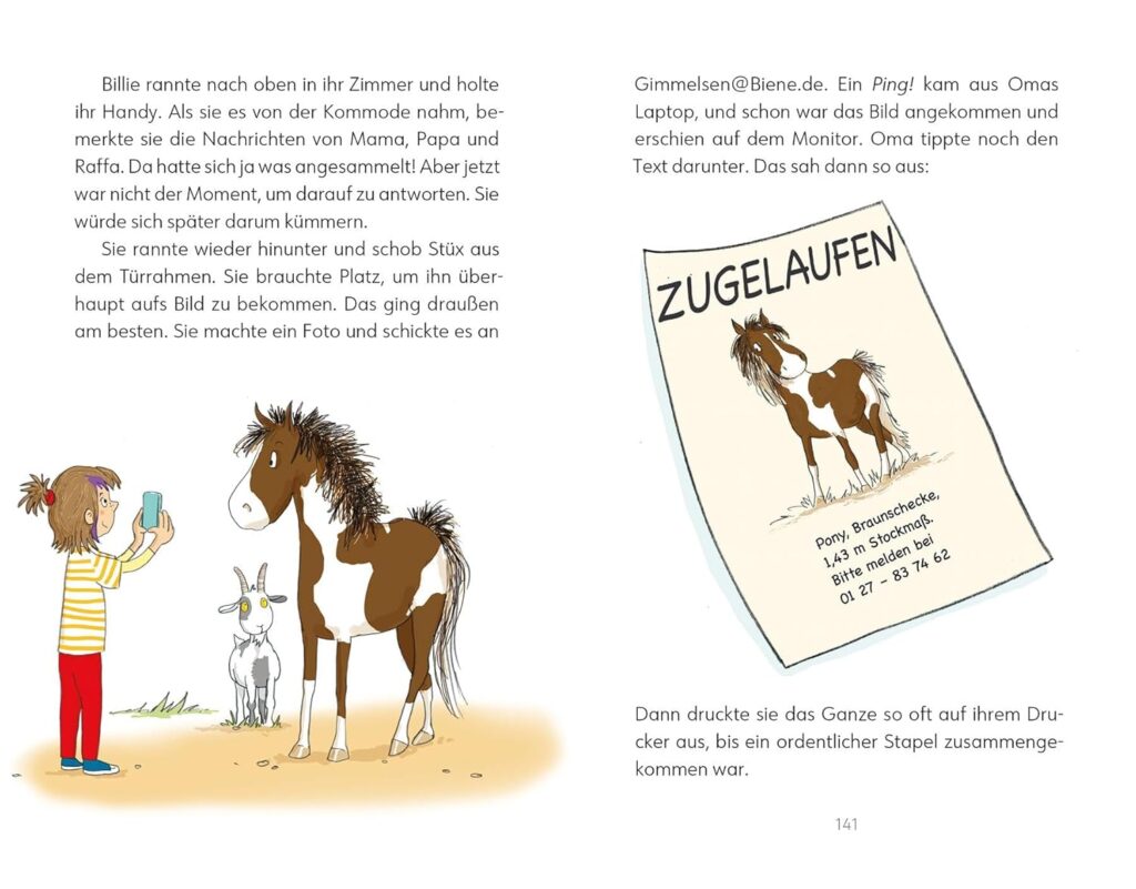 Billie und Stüx – Mädchen fotografiert ein Pony neben Text und einem Steckbrief
