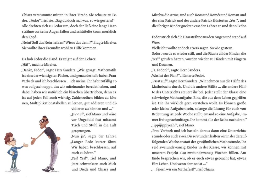Mathe fürs Leben - Fedor und Herr Sanders besprechen den Mathe Unterricht neben Text