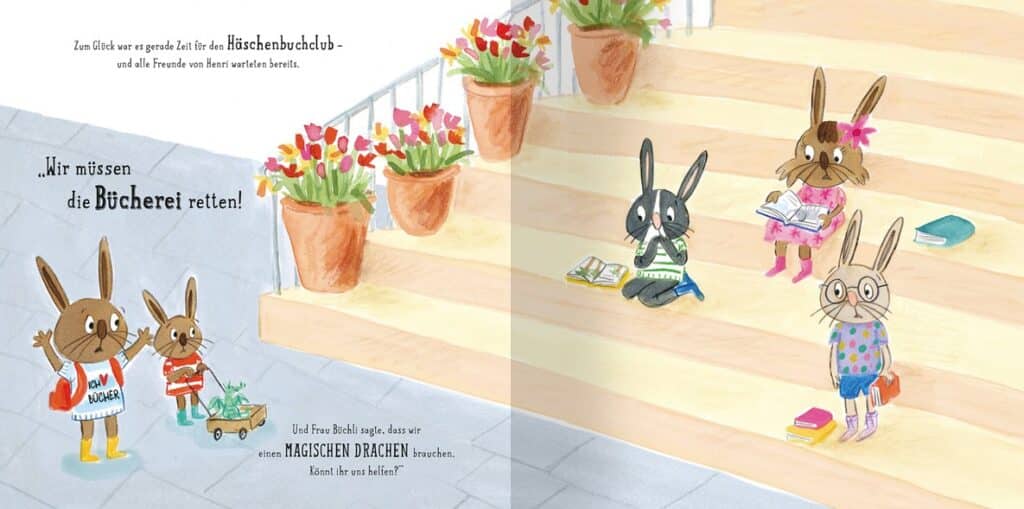 Hilfe Henris Bücherei in Gefahr - Henri und der Häschenbuchclub: Abgebildet sind mehrere kleine Hasen auf und an einer Treppe