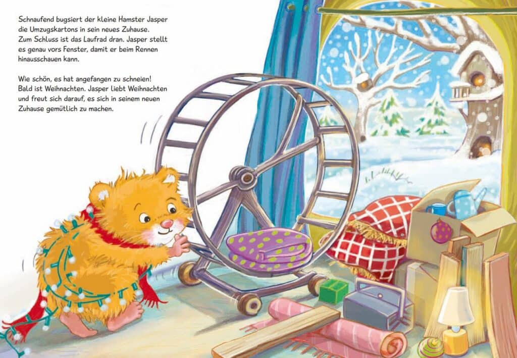 Ein Hamster im Weihnachtsglück - Hamster Jasper zieht ein: Dargestellt ist ein Hamster, der sich in seinem Zuhause einrichtet.