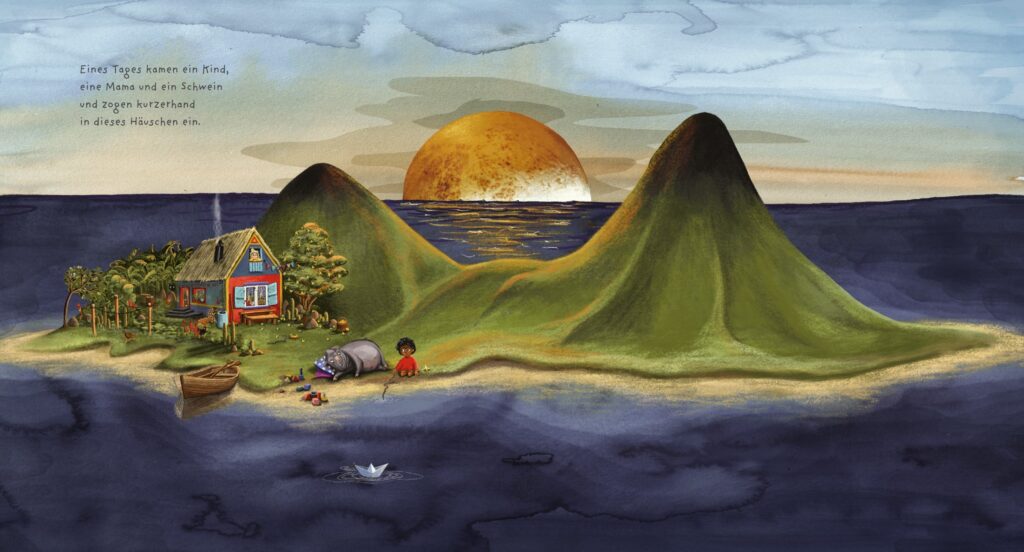 Komm, wir trösten den kleinen Stern - Schnipsel und Hängebauchschwein Rolf: Abgebildet ist eine Insel im Meer mit zwei Bergen, einem Haus, einem Kind und einem Hängebauchschwein.