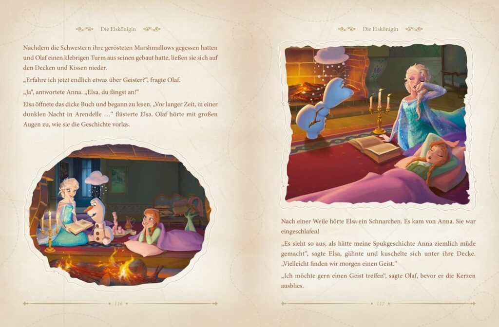 Disney: Das große goldene Buch der Eiskönigin-Geschichten - Geschichten am Kamin: Dargestellt sind zwei Mädchen und ein Schneemann vor einem Kamin, die auf Decken und Kissen sitzen.