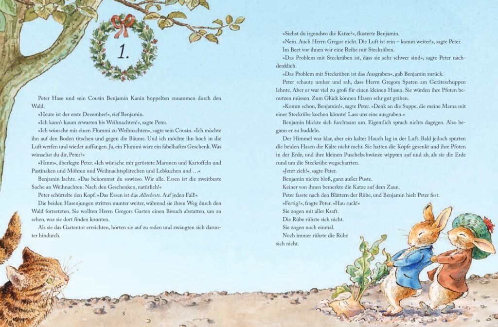 Die Welt von Peter Hase - Weihnachten steht vor der Tür - Kapitel 1: Dargestellt sind ein Adventskranz mit der Zahl 1 sowie zwei Hasen, die an einer Rübe ziehen.