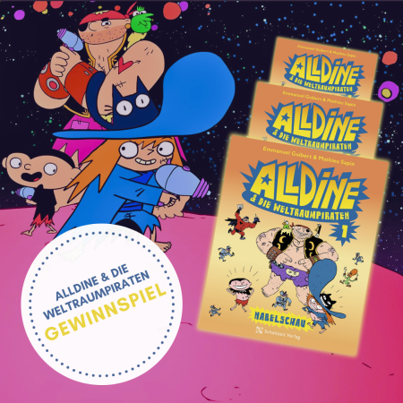 Dreifache Darstellung des Comics "Alldine und die Weltraumpiraten" mit Darstellung und Gewinnspiel-Vermerk