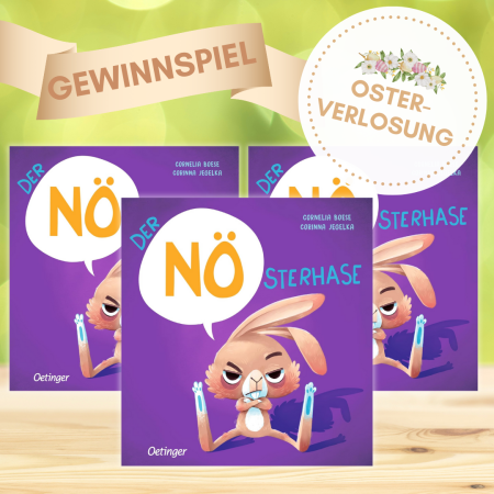 Dreifach das "Der NÖsterhase"-Buchcover mit Osterverlosung und Gewinnspiel - Vermerk
