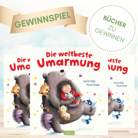 Dreifach das Buch "Die weltbeste Umarmung" mit Gewinnspiel-Vermerk