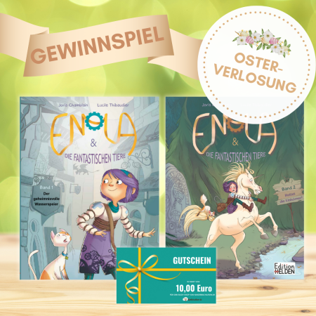 Enola & die fantastischen Tiere - Band 1 und 2 nebeneinander mit Osterverlosung sowie Gewinnspiel - Vermerk