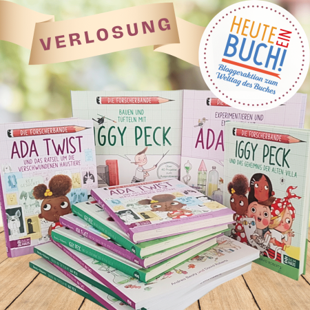 Bücher von "Die Forscherbande" mit "Heute ein Buch"-Logo und "Gewinnspiel"-Vermerk