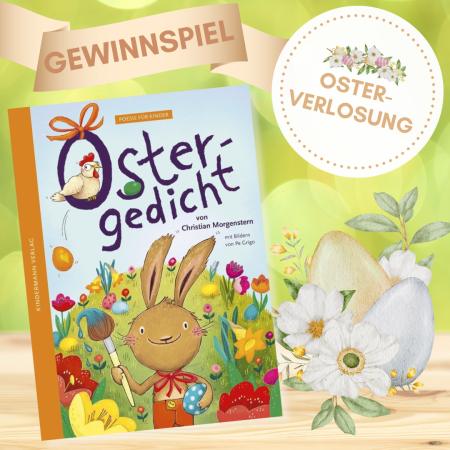Ostergedicht - Buchcover neben Osterei-Blumengesteck mit Osterverlosung und Gewinnspiel-Vermerk