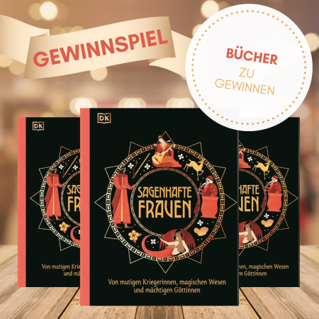 Dreifach das Buchcover von "Sagenhafte Frauen" mit Gewinnspiel-Vermerk