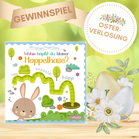 Wohin hüpfst du, kleiner Hoppelhase? - Buchcover neben Ostereiblumengesteck mit Osterverlosung und Gewinnspiel - Vermerk